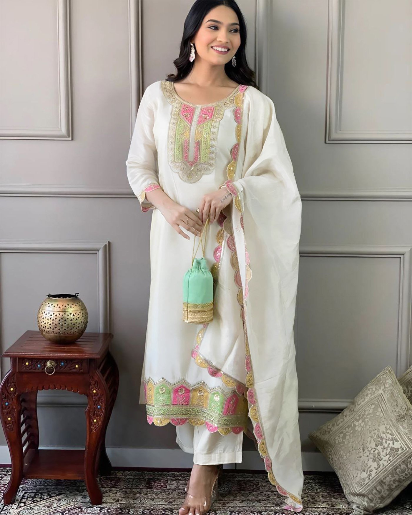Elegant White Women Silk Kurta Pant Dupatta Set – Embroidered Tesla Fabric with Vichitra Dupatta