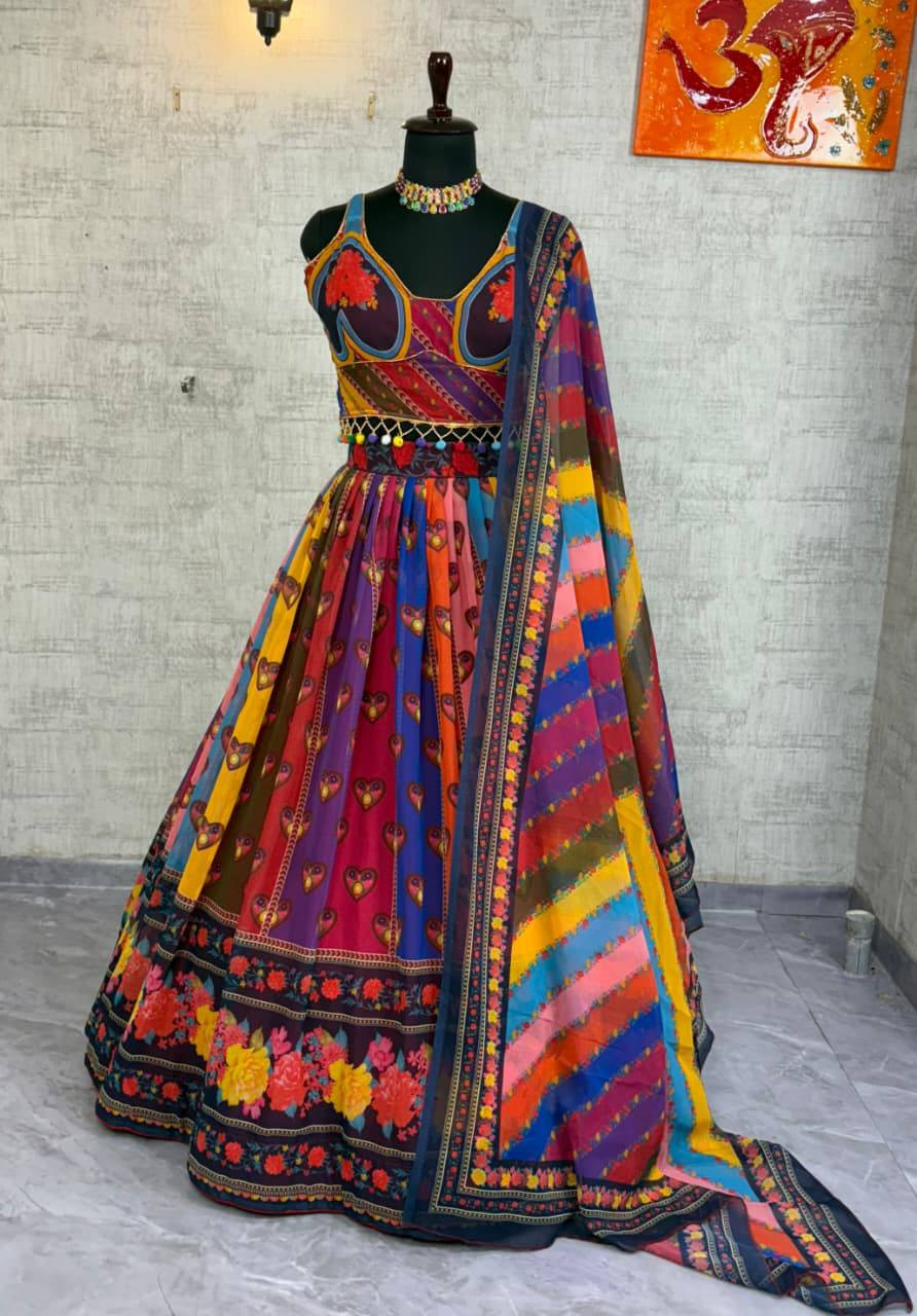 4.5 Meter Flared Fox Georgette Digital Print Lehenga with Can-Can & Canvas Layer | Semi-Stitched Designer Lehenga Set with Dupatta