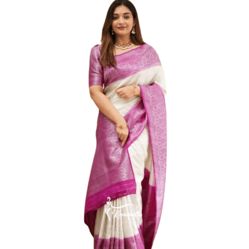 Wedding Look Lichi Silk Fabric White with Pink Saree