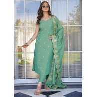 Women’s Embroidered Art Silk Kurta Pant with Dupatta Set – Light Green