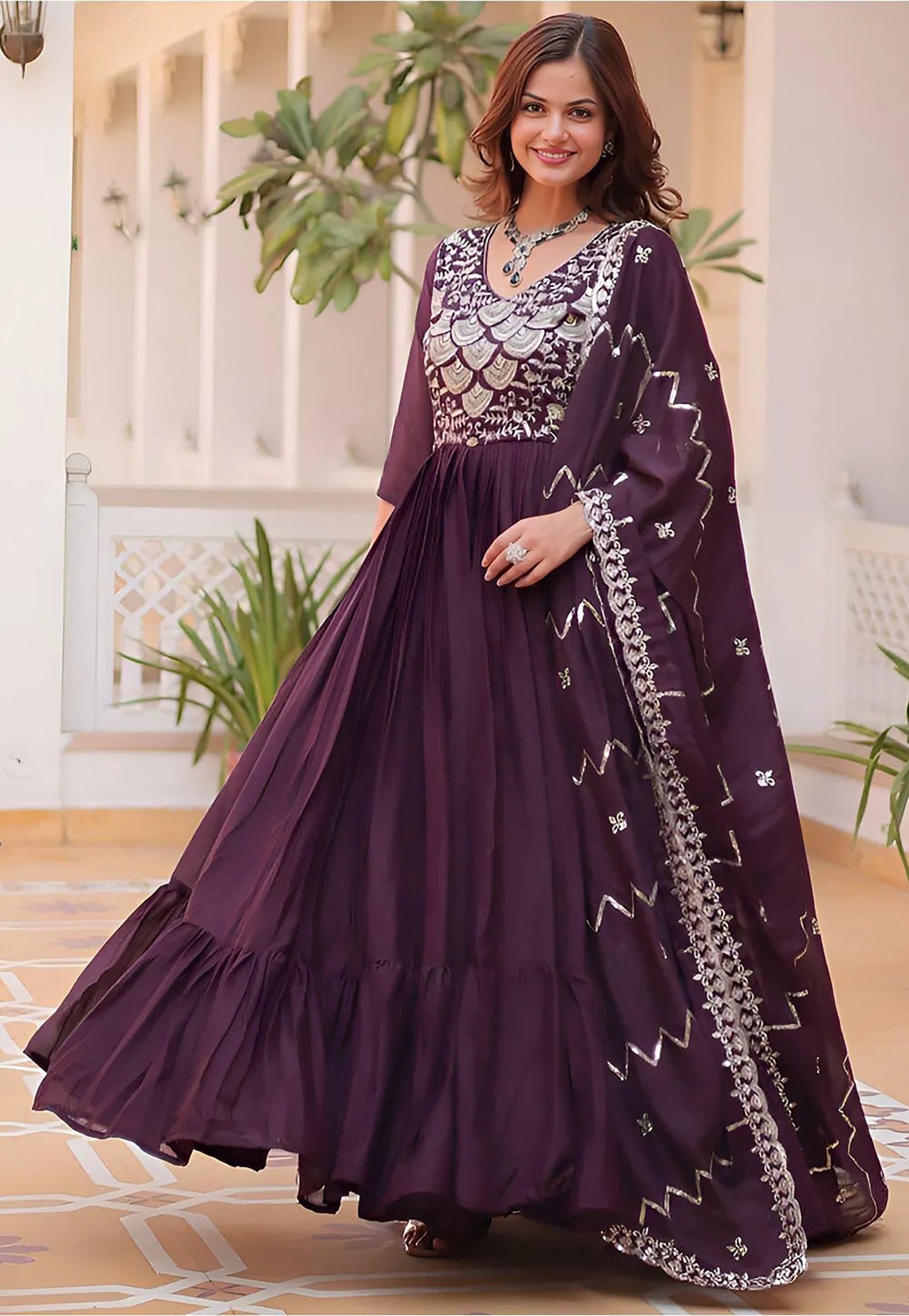 Embroidered Wine Georgette Anarkali Gown with Dupatta | Stitched Partywear Ethnic Dress