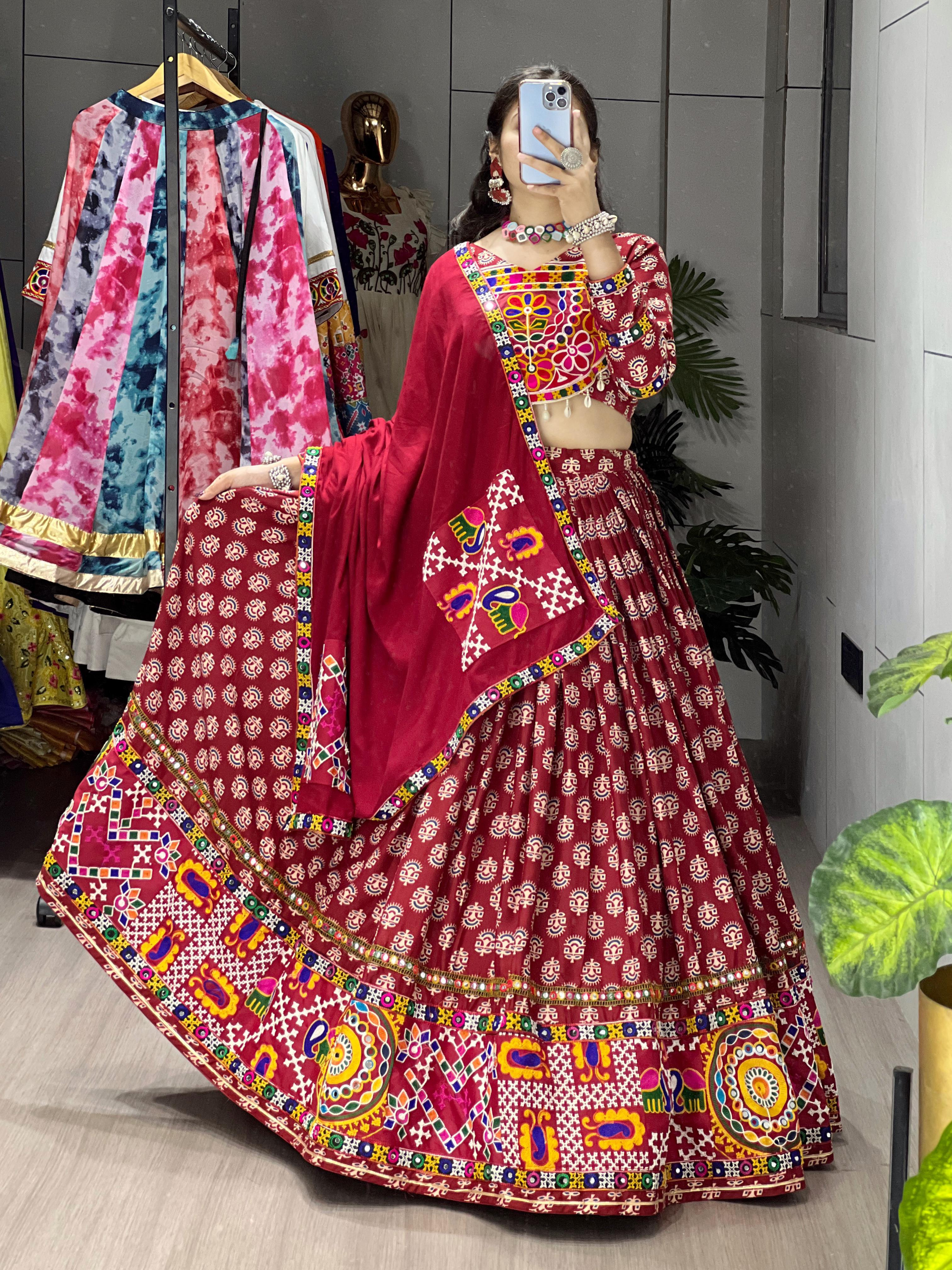 Traditional Ajrakh Print Chaniya Choli - Authentic Gujarati Lehenga Set