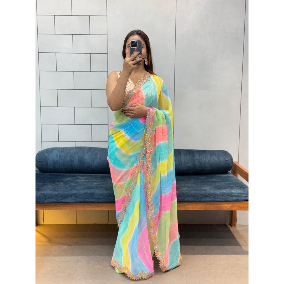 Celebrity Style Shibori Print Georgette Saree with Rainbow Sequin Lace