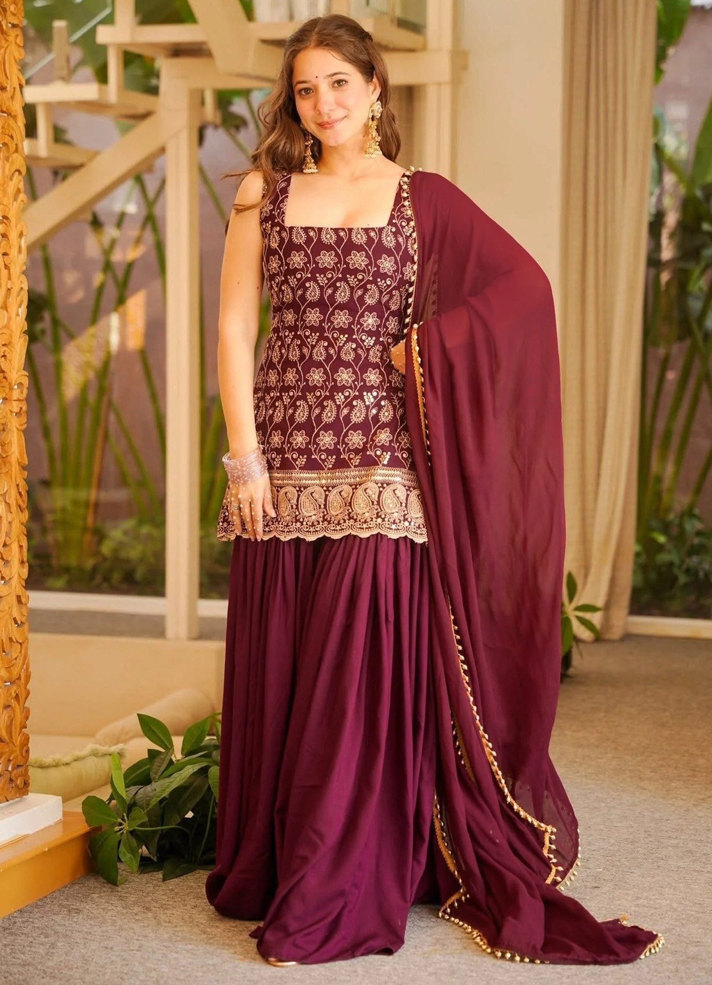 Green & Maroon Embroidered French Crepe Kurta with Sarara & Dupatta Set