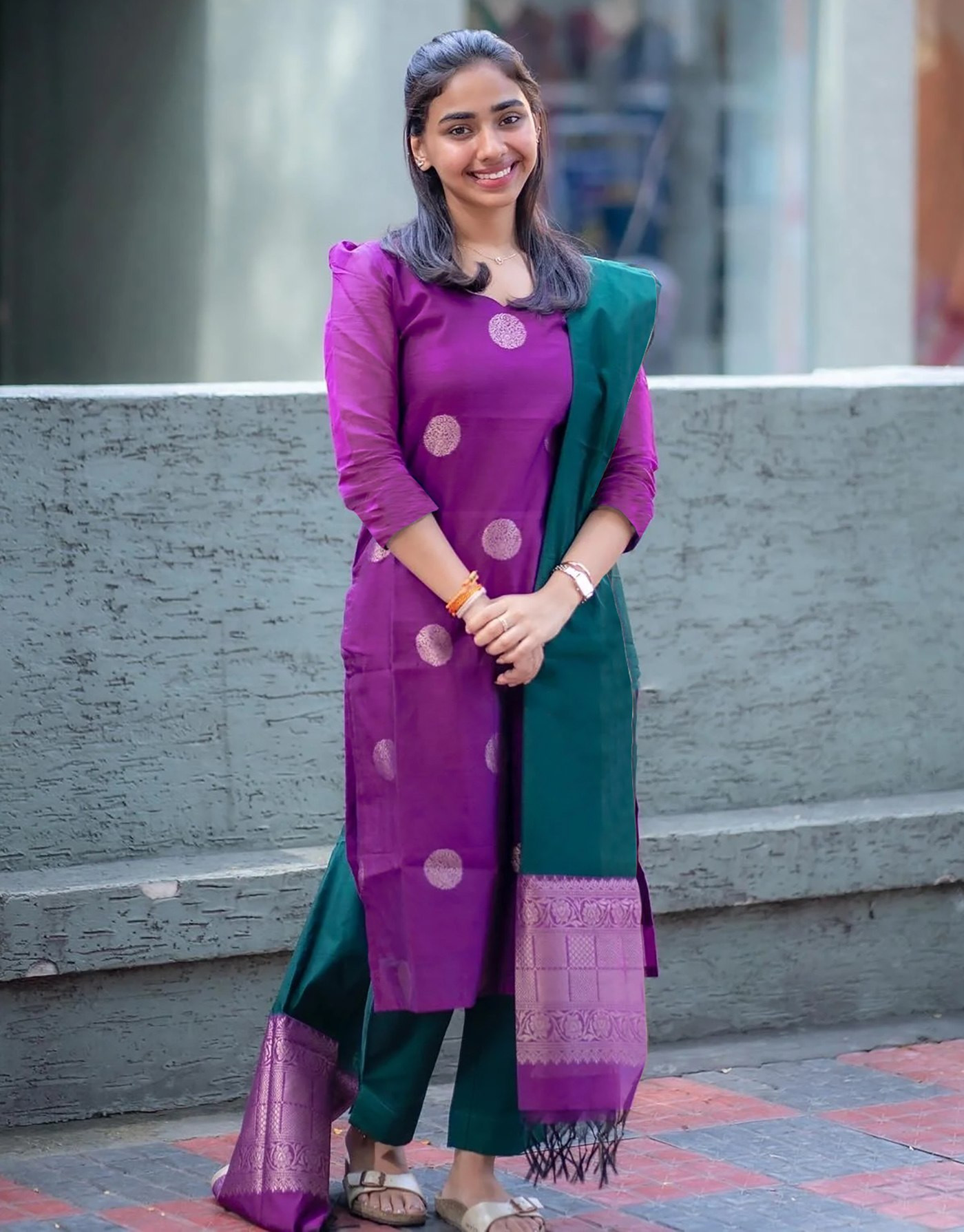 Purple Sofia Art Silk Jacquard Suit Set with Green Pant & Dupatta – Elegant Ethnic Wear for Women