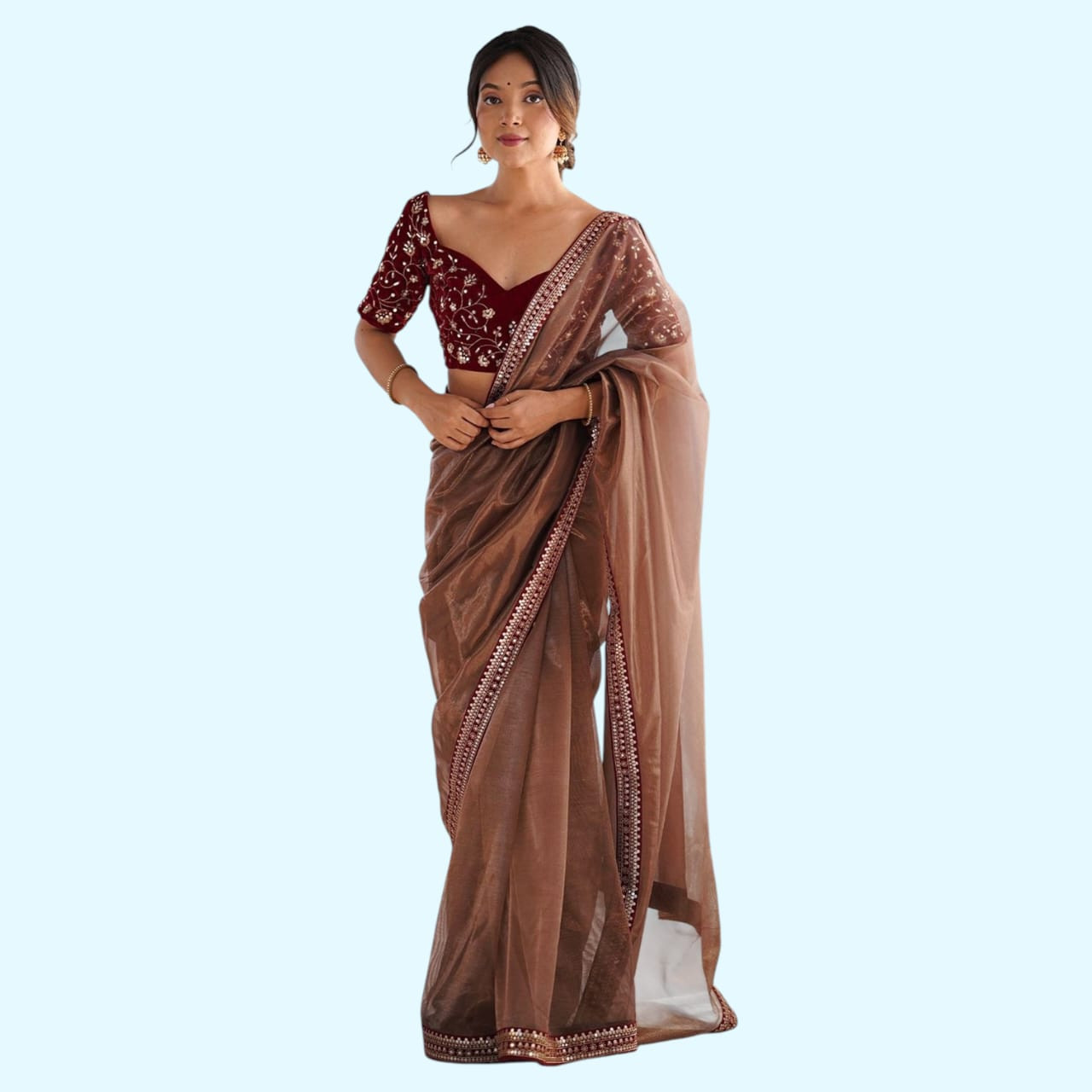 Women’s Party Wear Brown Net Saree with Velvet Blouse