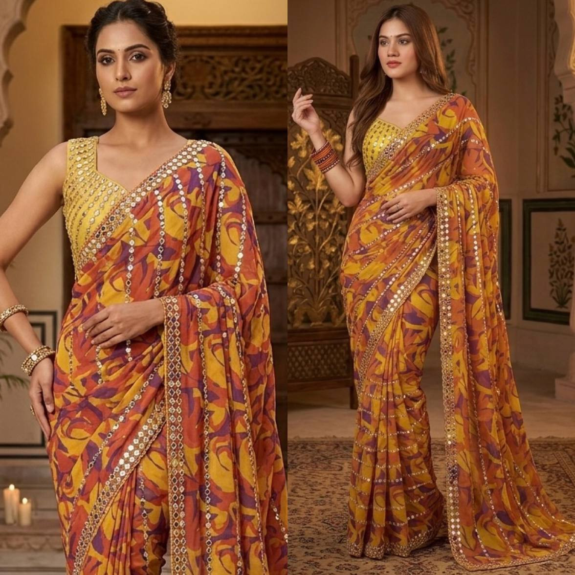Faux Georgette Beads & Real Mirror Digital Print Work Saree