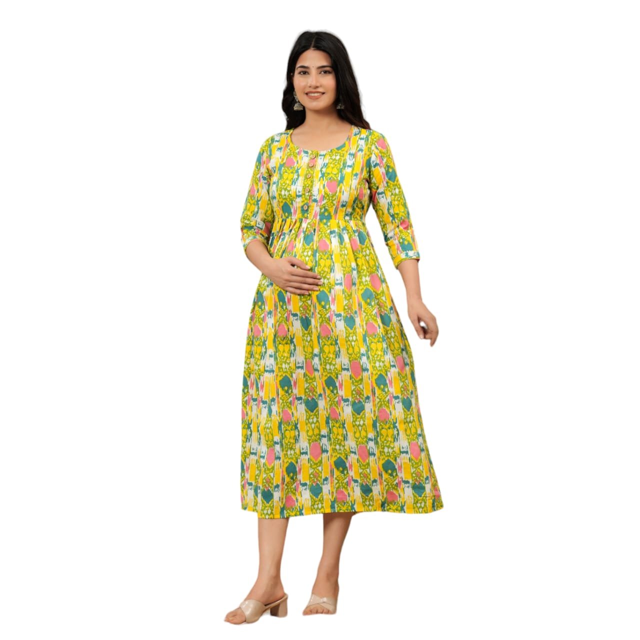 Rectangle Yellow Printed Maternity Feeding Kurti