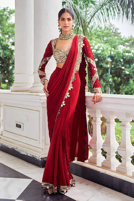 Ready-to-Wear Faux Georgette Saree with Real Mirror Work & Attached Pallu