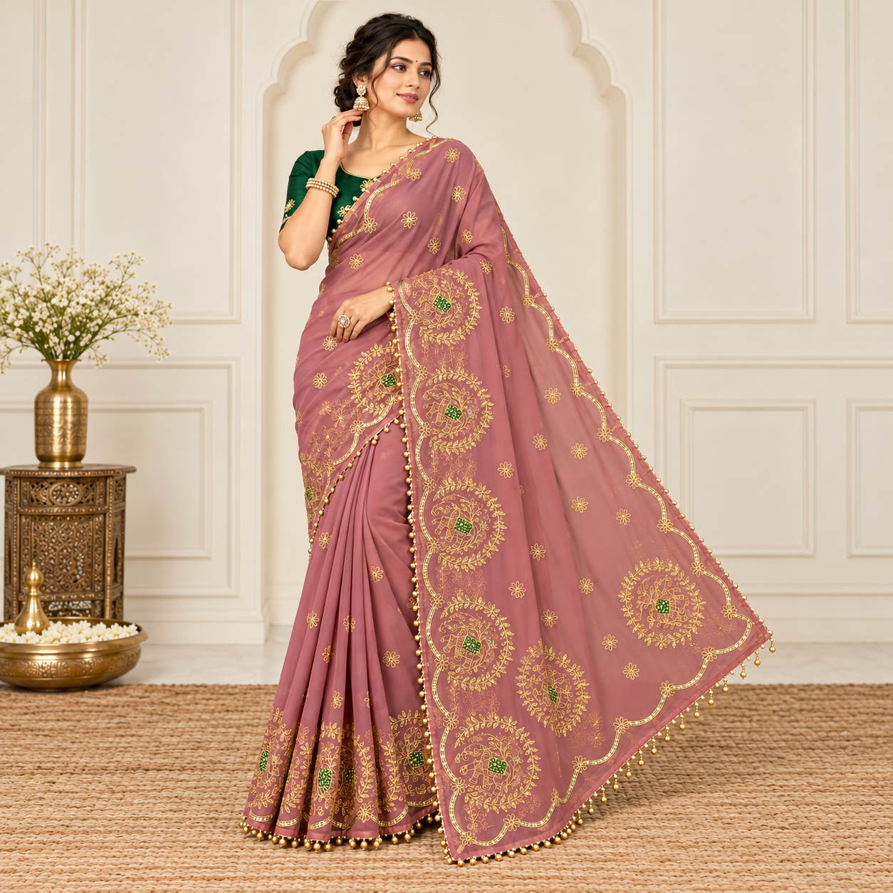 Premium Elephant Embroidered Royal Georgette Rajwadi Saree with Sequins Work & Designer Latkan