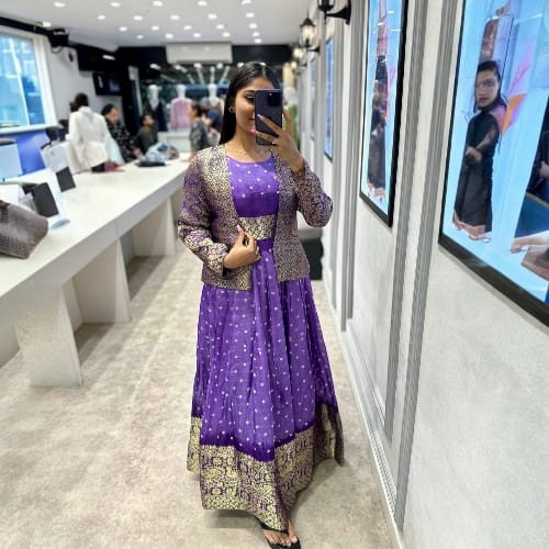 Royal Kanjiveram Silk Bandhani Gown with Koti | 5 Meter Flare Zari Bandhej Gown