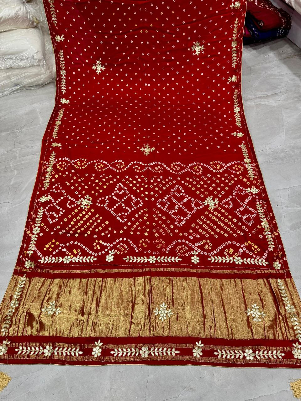 Premium Pure Gaji Silk Bandhani Saree with Gota Patti Hand Work | Original Ek Dani Bandhej | Traditional Rajwadi Designer Saree