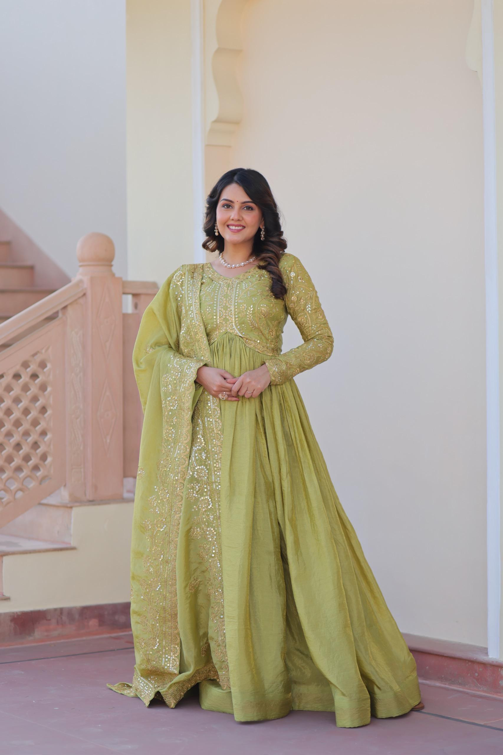 Elegant Gold Crush Sequins Embroidered Gown with Designer Dupatta for Women