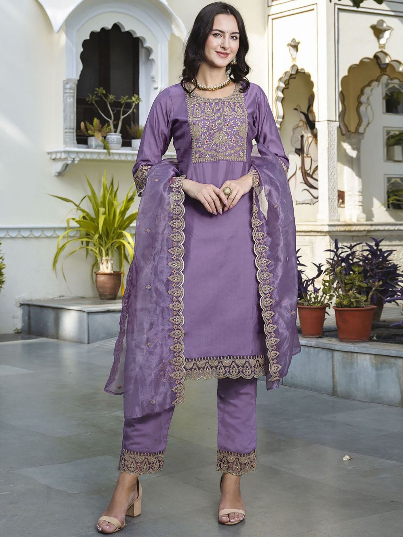 Lavender Embroidered Women’s Kurta Pant Dupatta Set – Tesla Fabric with Organza Dupatta