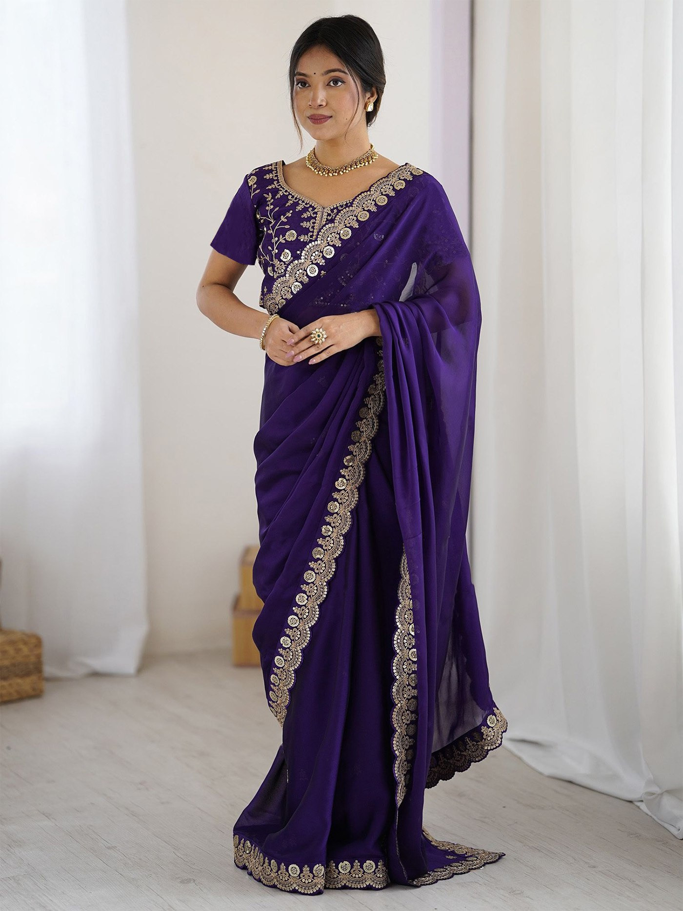 ROHINI –Purple Party Wear Embroidered Saree with Banglori Blouse