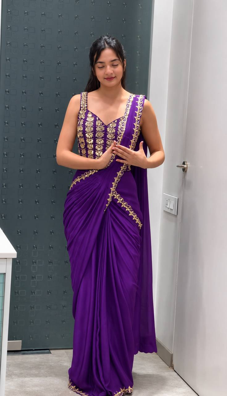 Premium Ready-to-Wear Crepe Silk Saree with Embroidered Blouse & Belt