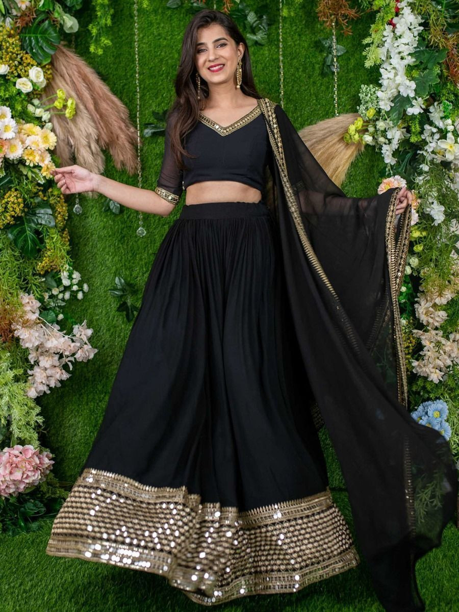 Black Georgette Embroidered Semi-Stitched Lehenga Choli with Dupatta Set