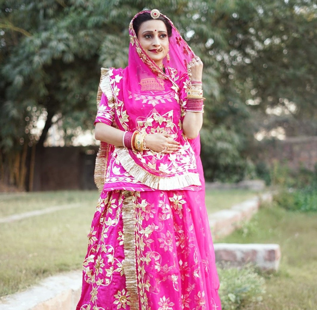 Satin Handwork Rajputana Poshak With Humrahi Duppata