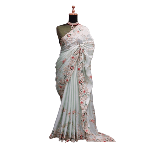 Chinon Silk With Embriodery Codding And Sequence Work Saree