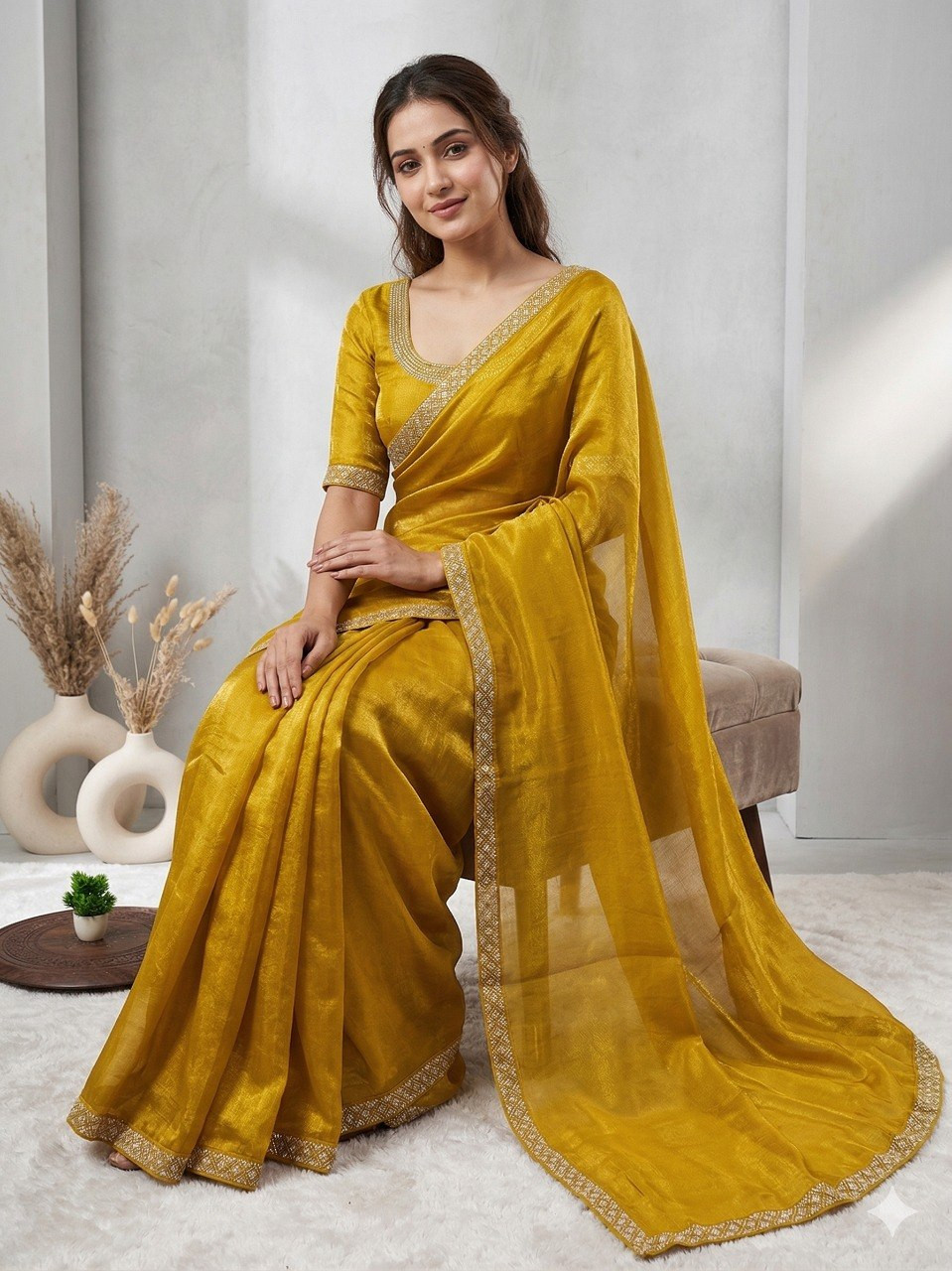 Elegant Space Silk Saree with Zarkan Diamond Work & Matching Blouse