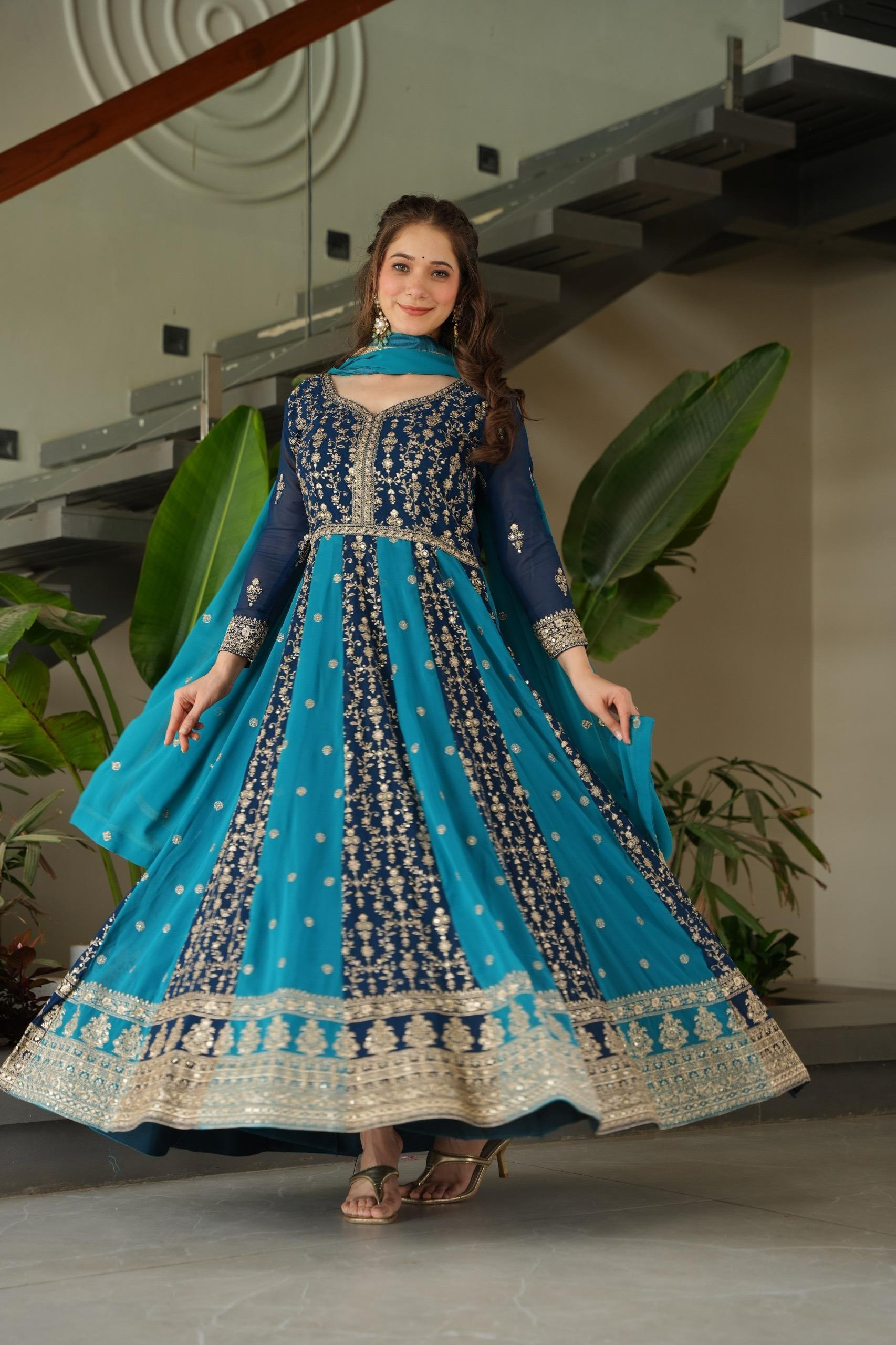 Royal Blossom Embroidered Gown Set with Matching Dupatta