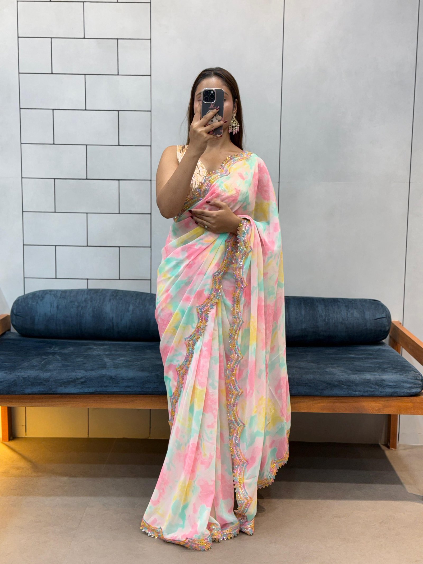 Celebrity Style Shibori Print Soft Faux Georgette Saree with Rainbow Lace