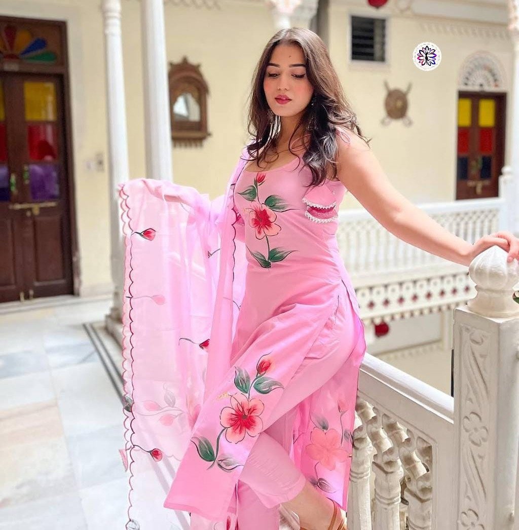 Pink Viscose Twill Printed Suit Set | Chanderi Bottom & Georgette Dupatta