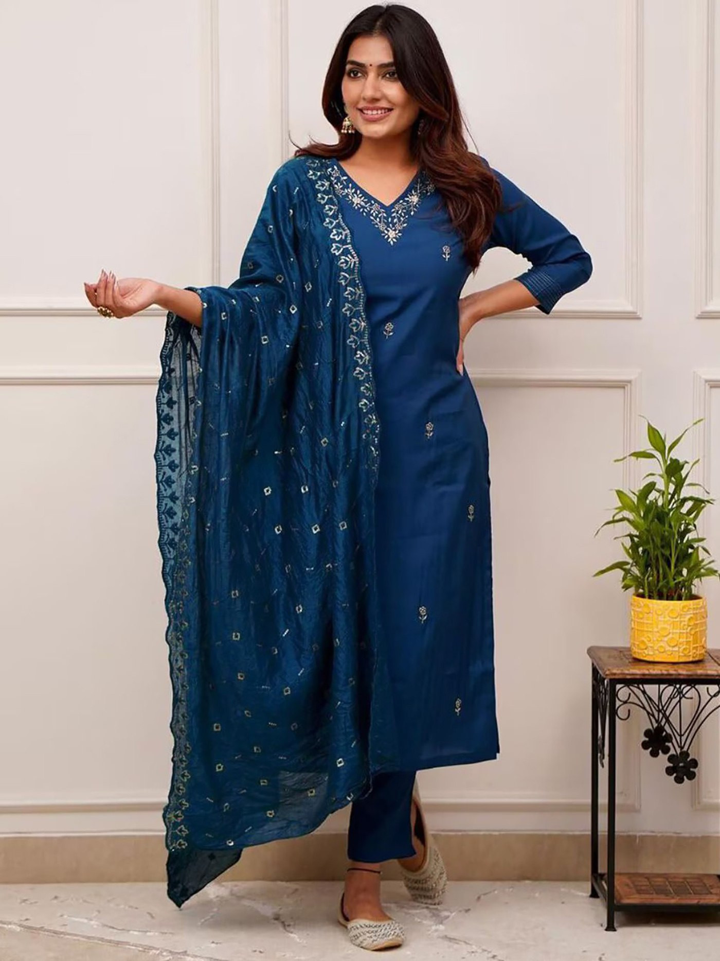Cerulean Embroidered Kurta Pant Dupatta Set for Women | Tesla Fabric Ethnic Wear