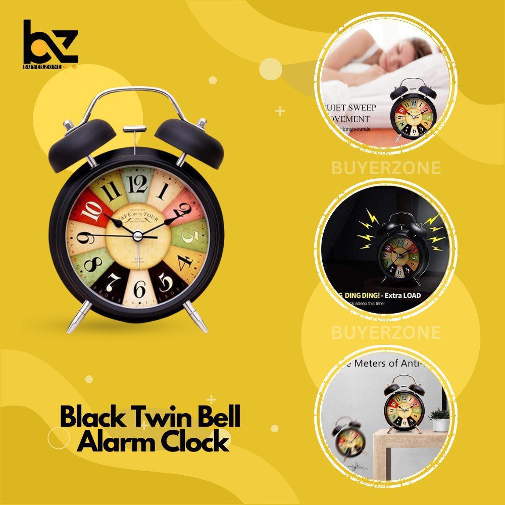 Black Twin Bell Alarm Clock with Night Led Light