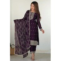 Women’s Georgette Embroidered Kurta Pant Dupatta Set – Purple