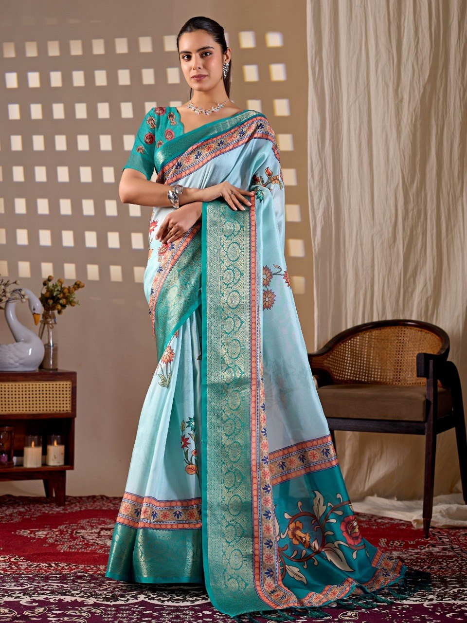 Sky Blue Lichi Silk Saree | Floral Print | Rich Woven Border | Elegant Indian Saree