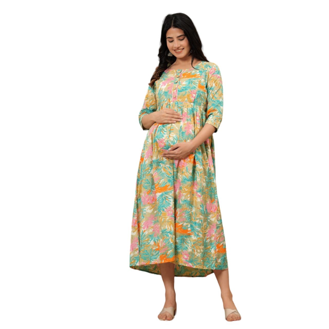 Beige gold Printed Maternity Feeding Kurti