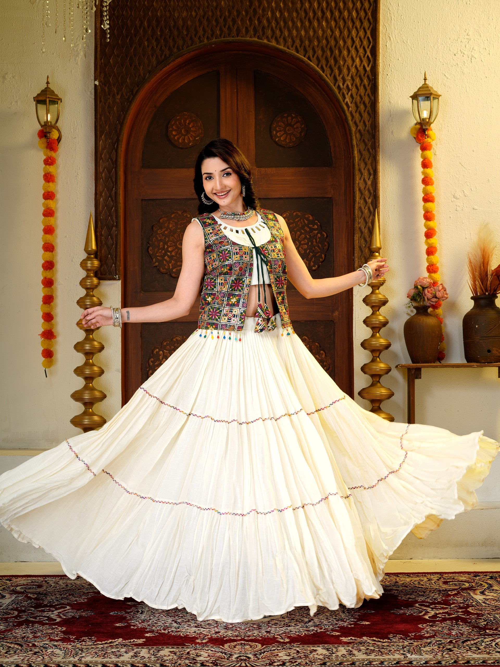 Designer 9 Meter Big Flare Lehenga Choli with Real Mirror Handwork & Heavy Embroidery Shrug