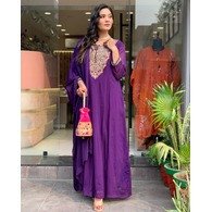 Embroidered Georgette Anarkali Gown with Dupatta | Purple Vichitra Fabric | Full Sleeves | Party & Wedding Wear