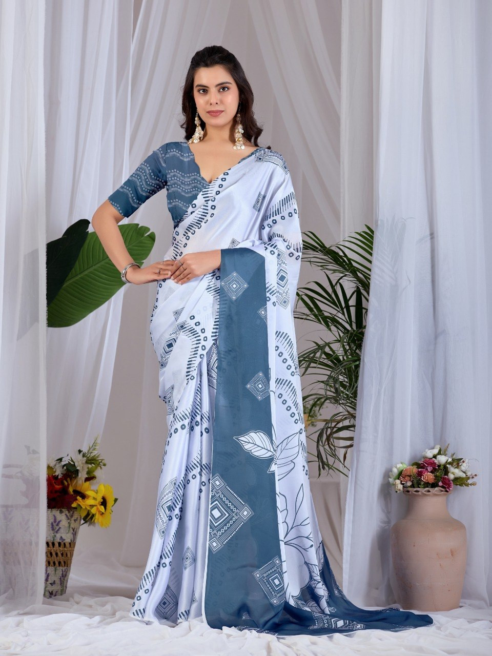 White & Steel Blue Geometric Floral Printed Satin Georgette Saree with Blouse