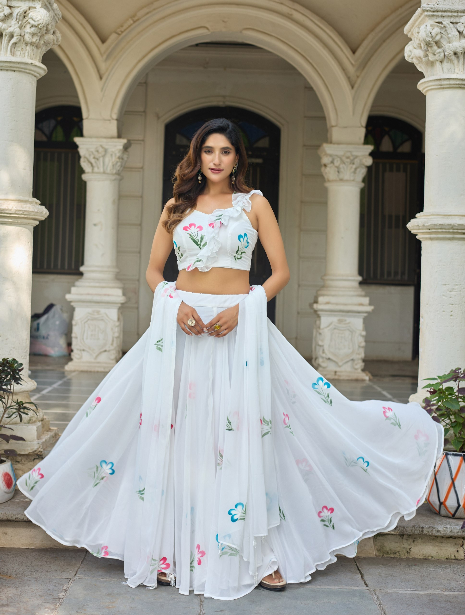 Floral Hand-Painted Soft Georgette Lehenga Choli Set with Dupatta | Designer Party Wear Lehenga for Women