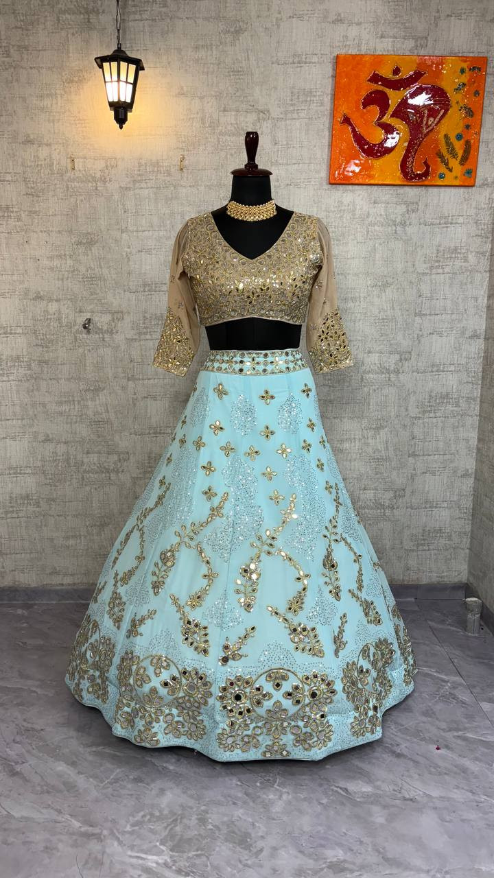 4 Meter Flared Fox Georgette Real Mirror Work Lehenga Set | Semi-Stitched Lehenga with Cancan & Canvas Layers | Premium Partywear Ensemble
