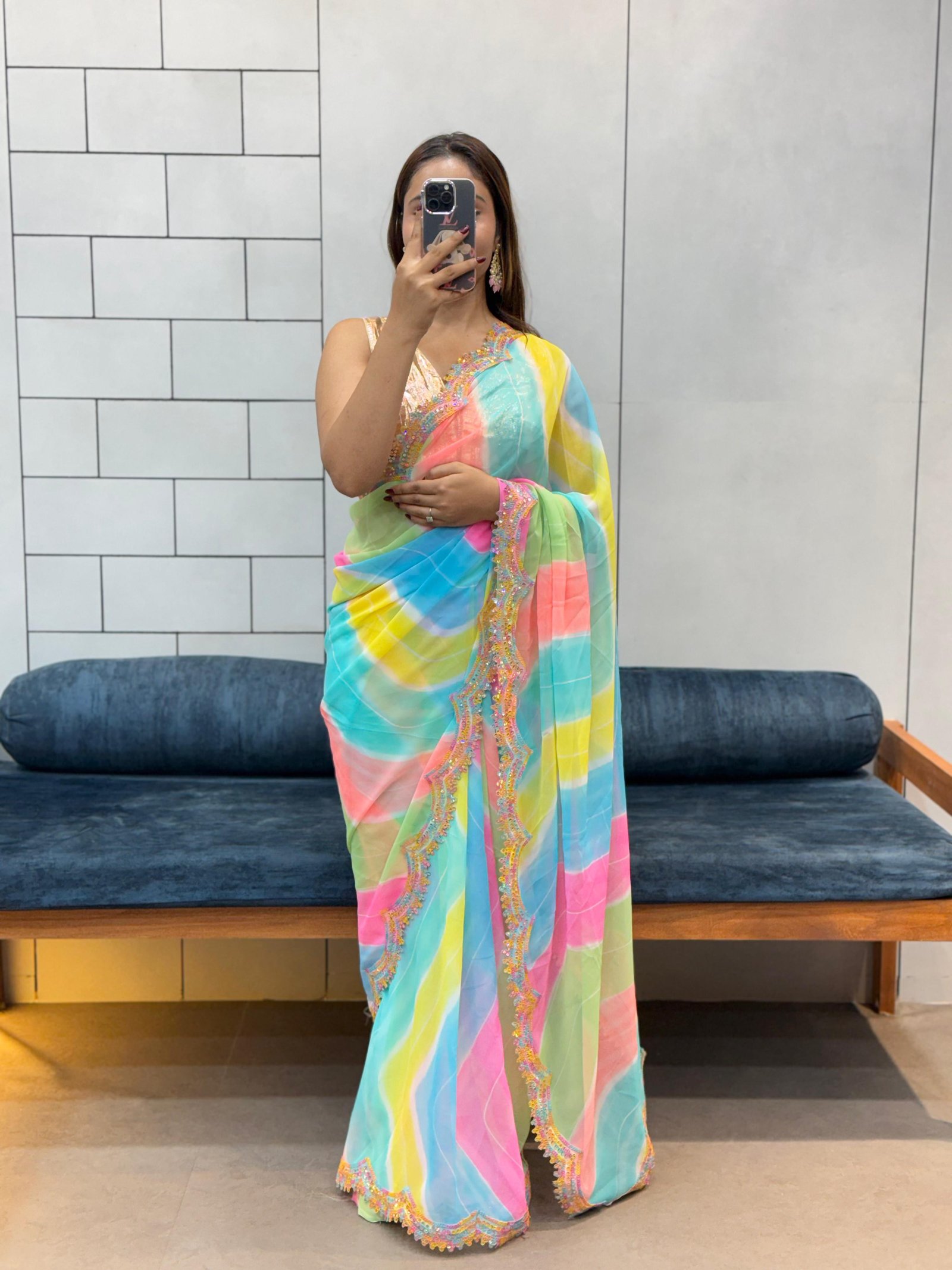 Celebrity Style Shibori Print Georgette Saree with Rainbow Sequin Lace