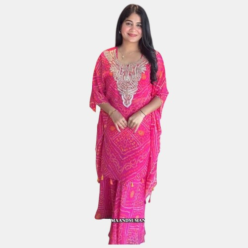 Designer Digital Bandhani Print Kaftan Sharara Set with Embroidery Sequins Work