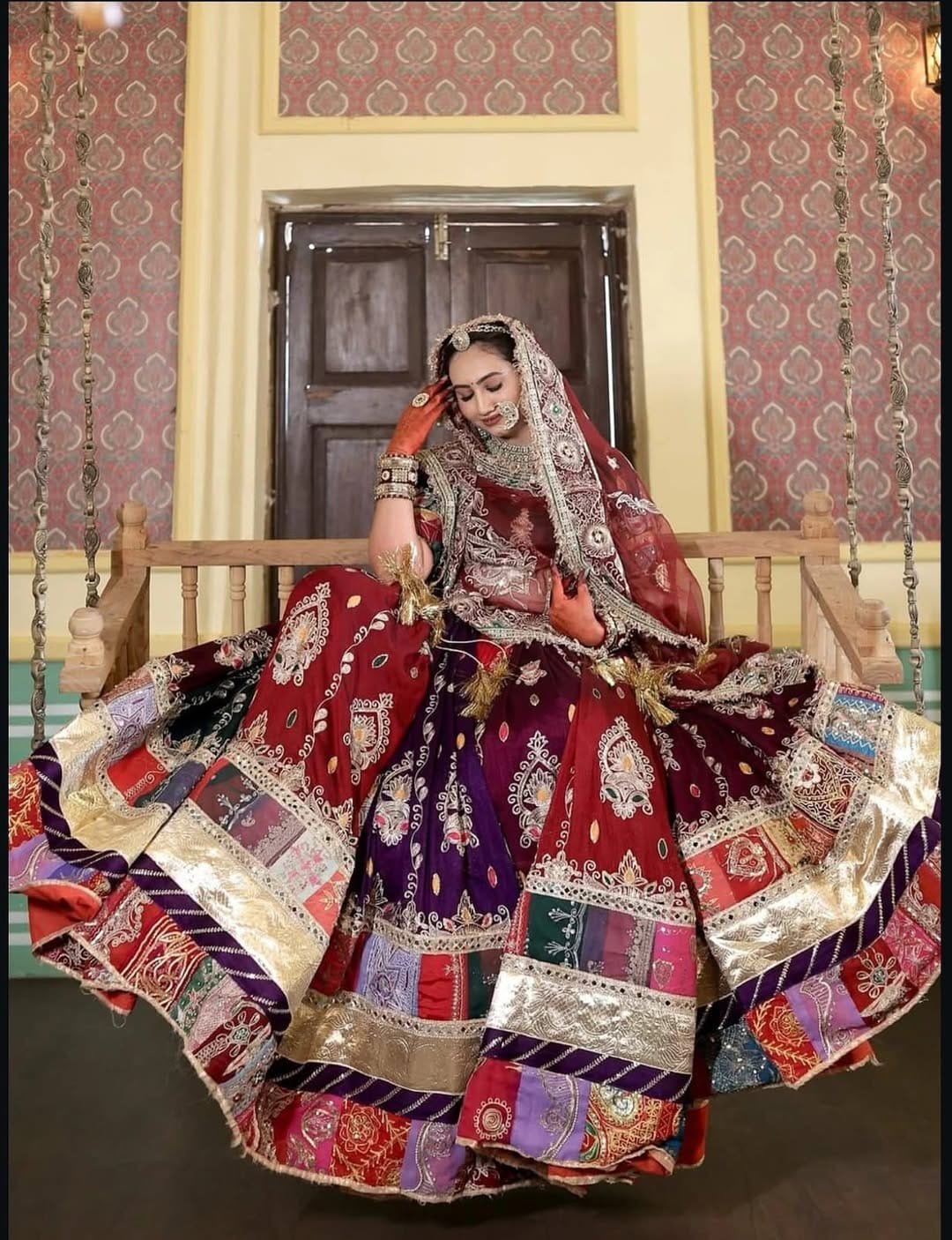 Vintage Crepe Silk 6 Miter Gher Wedding Rajputi Poshak Lehanga Set