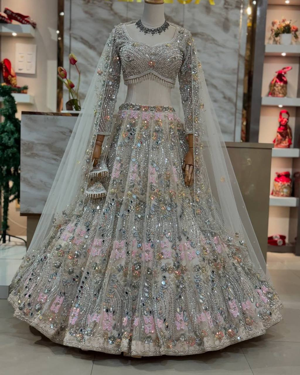 4 Meter Flared Real Mirror Sequins Work Lehenga in Soft Butterfly Net