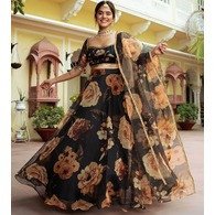 Printed Semi Stitched Black Net Lehenga Choli with Dupatta Set for Women