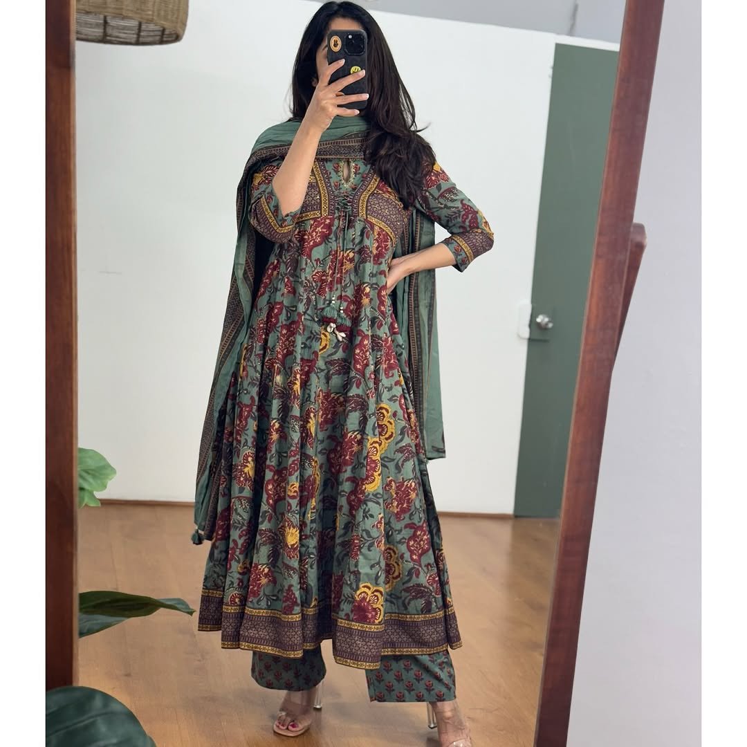 printed flared anarkali With neckline pants set with printed cotton dupatta Set Women