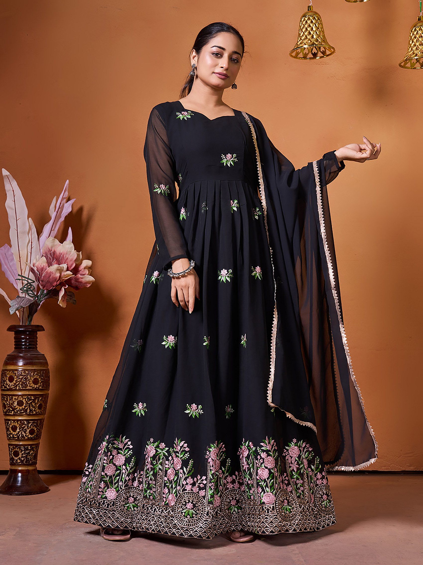Sarita Black Embroidered Georgette Anarkali Gown with Dupatta