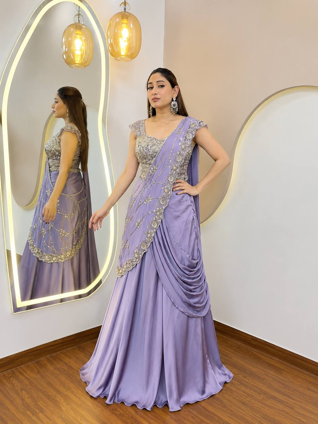 Premium Crepe Silk Embroidered Lehenga Style Saree with Ready-to-Wear Blouse | Indo-Western Party Wear Saree