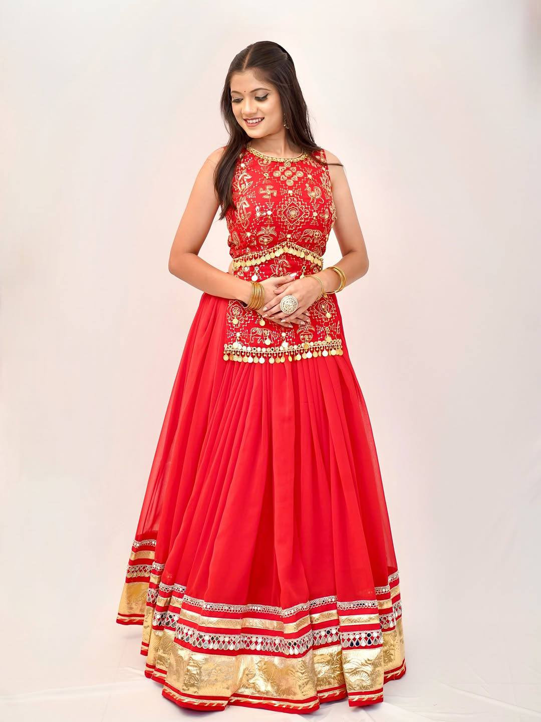 Heavy Faux Georgette Real Mirror Lace 6 Meter Flared Lehenga Choli