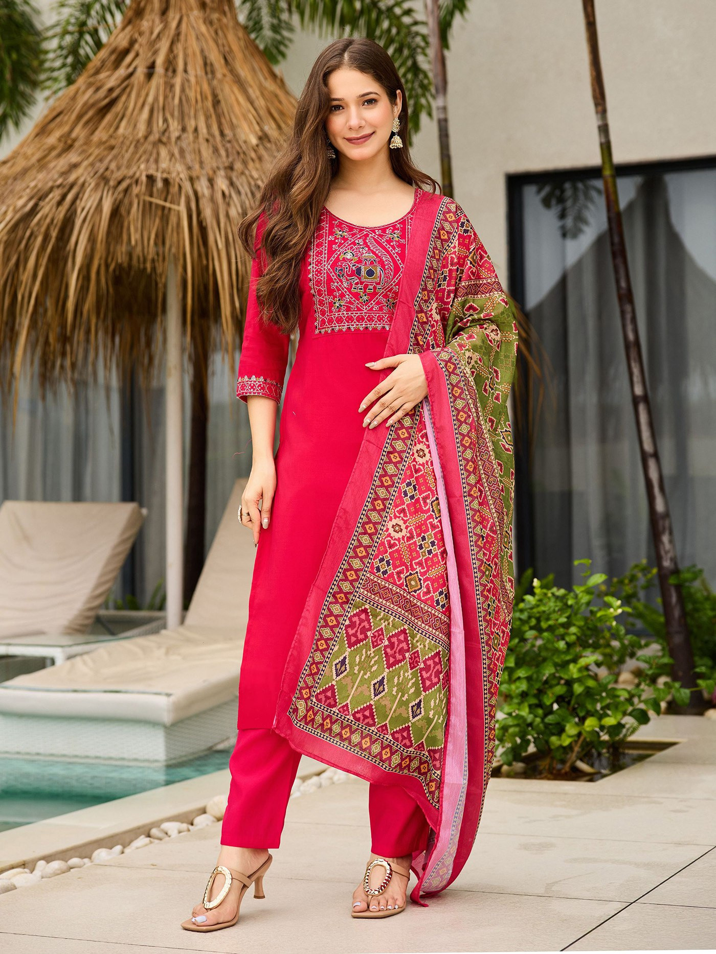 Women’s Pink Embroidered Tesla Kurta Pant Dupatta Set with Chanderi Printed Dupatta