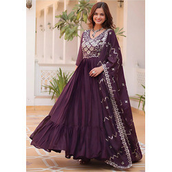 Embroidered Wine Georgette Anarkali Gown with Dupatta | Stitched Partywear Ethnic Dress