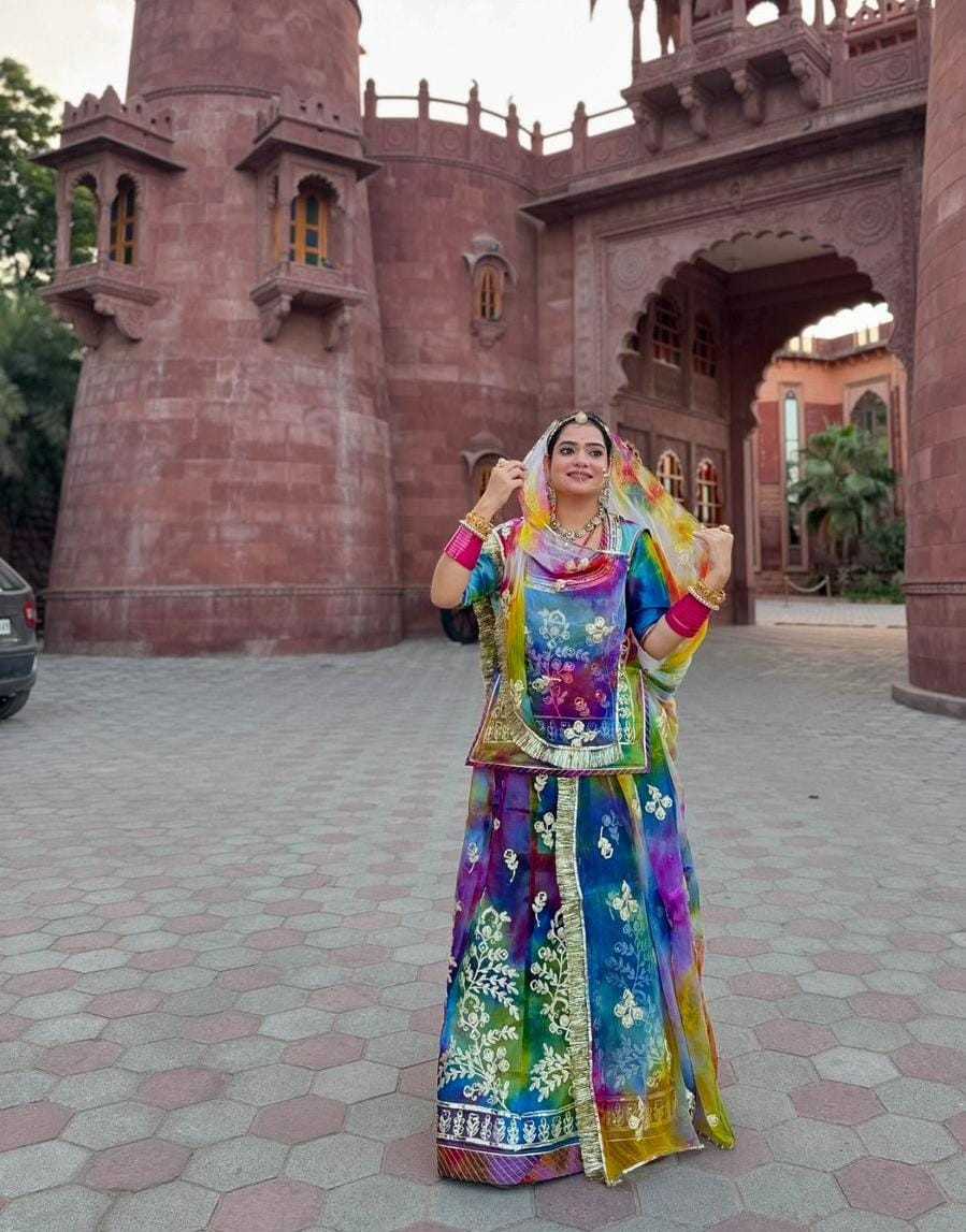 Vibrant Multicolor Shibori Poshak: An Artful Blend of Tradition and Elegance(Semi stich)