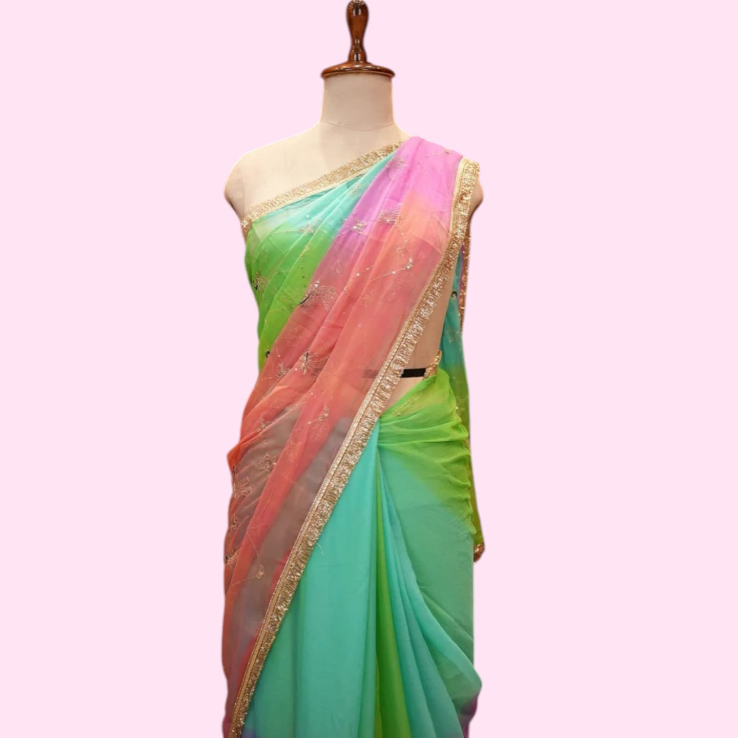 Multicolour Chinnon Saree with Peacock Design & Jaal Pattern (With Blouse)